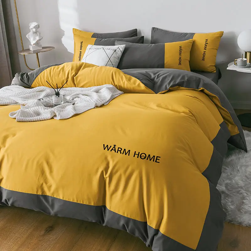 

Brushed thickened embroidery double fight four-piece bed sheet quilt cover solid color dormitory three-piece bedding set