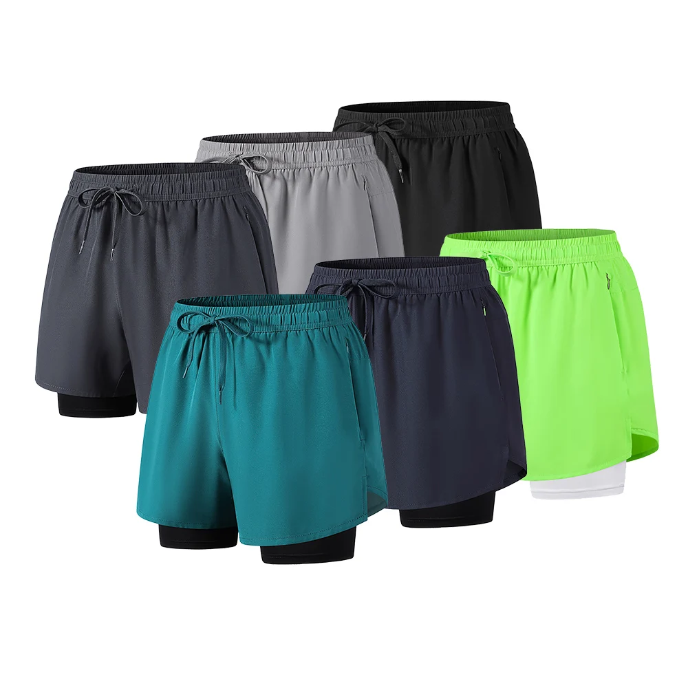 Men Breathable Sports Shorts Marathon Running Loose Fit Athletics Quick Dry Double Layer Fitness Shorts with Pocket