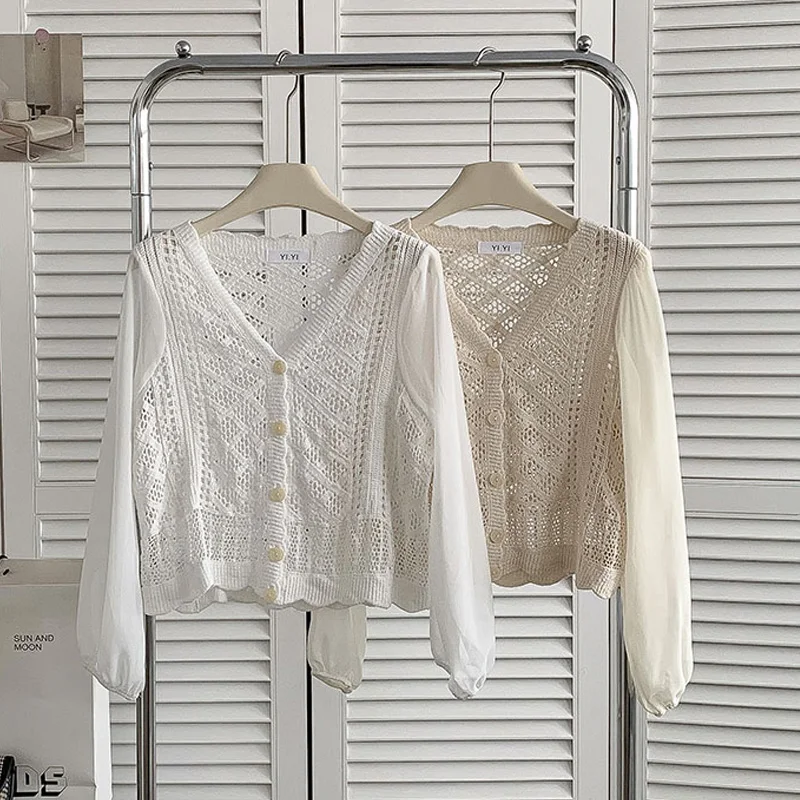 

2023 Fashion V-Neck Cardigan Women's Spring All-Match Patchwork Hollow Out Tops Casual Vintage Single Breasted Shirt