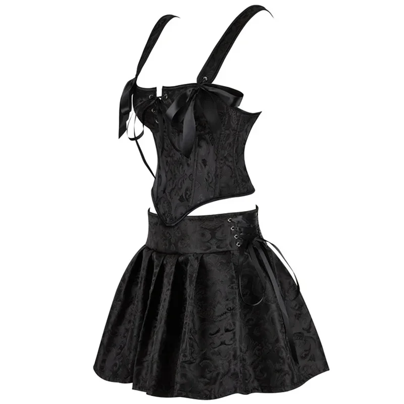 Black Corset Dress Suit Jacquard Summer Women's Retro Waist Corsets with Strap Renaissance Bodice Overbust