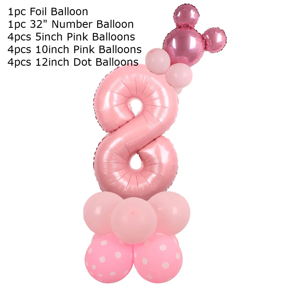 Juego de 14 globos de aluminio de Minnie rosa de Disney, regalos de cumpleaños para niñas, decoraciones para fiestas, edad 1, 2, 3, 4, 5, 6, 7, 8, 9, suministros para globos con números