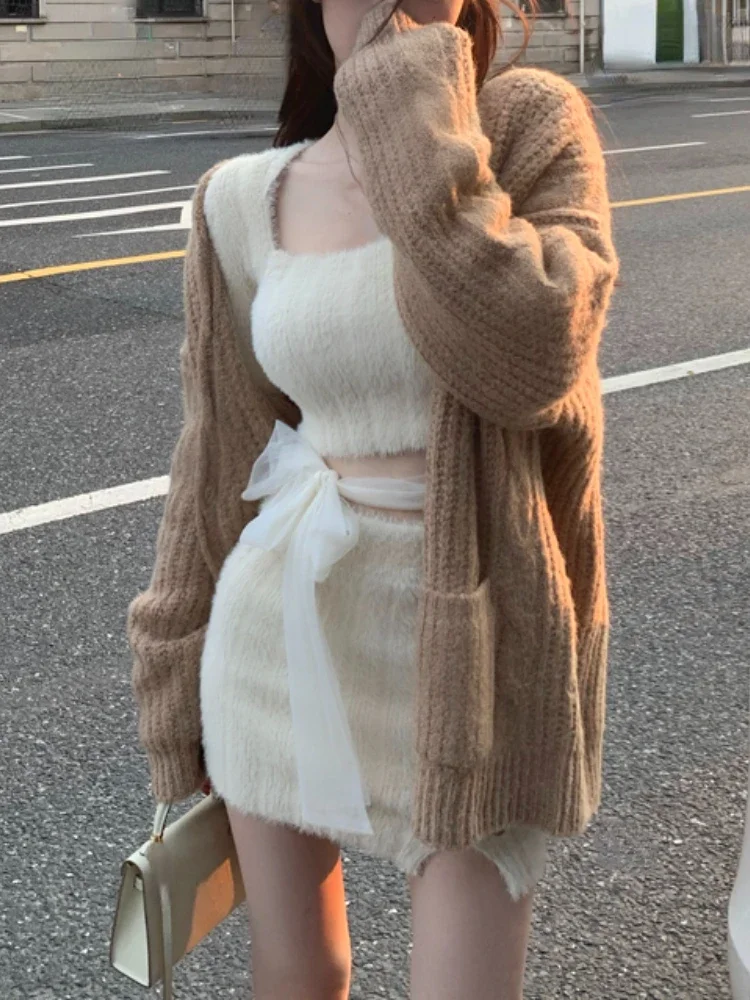 

2024 Autumn Sweater Knitted Suits Female Elegant 2 Piece Dress Korean Fashion Even Party Y2k Mini Dress Office Lady Short Skirts