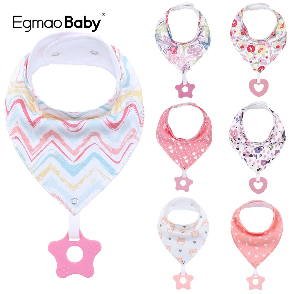 2Pcs/Lot Baby Bibs Baby Bandana Bibs with Teething Toys 100% Cotton Feeding Bibs Super Absorbent Drool Bibs with Teether