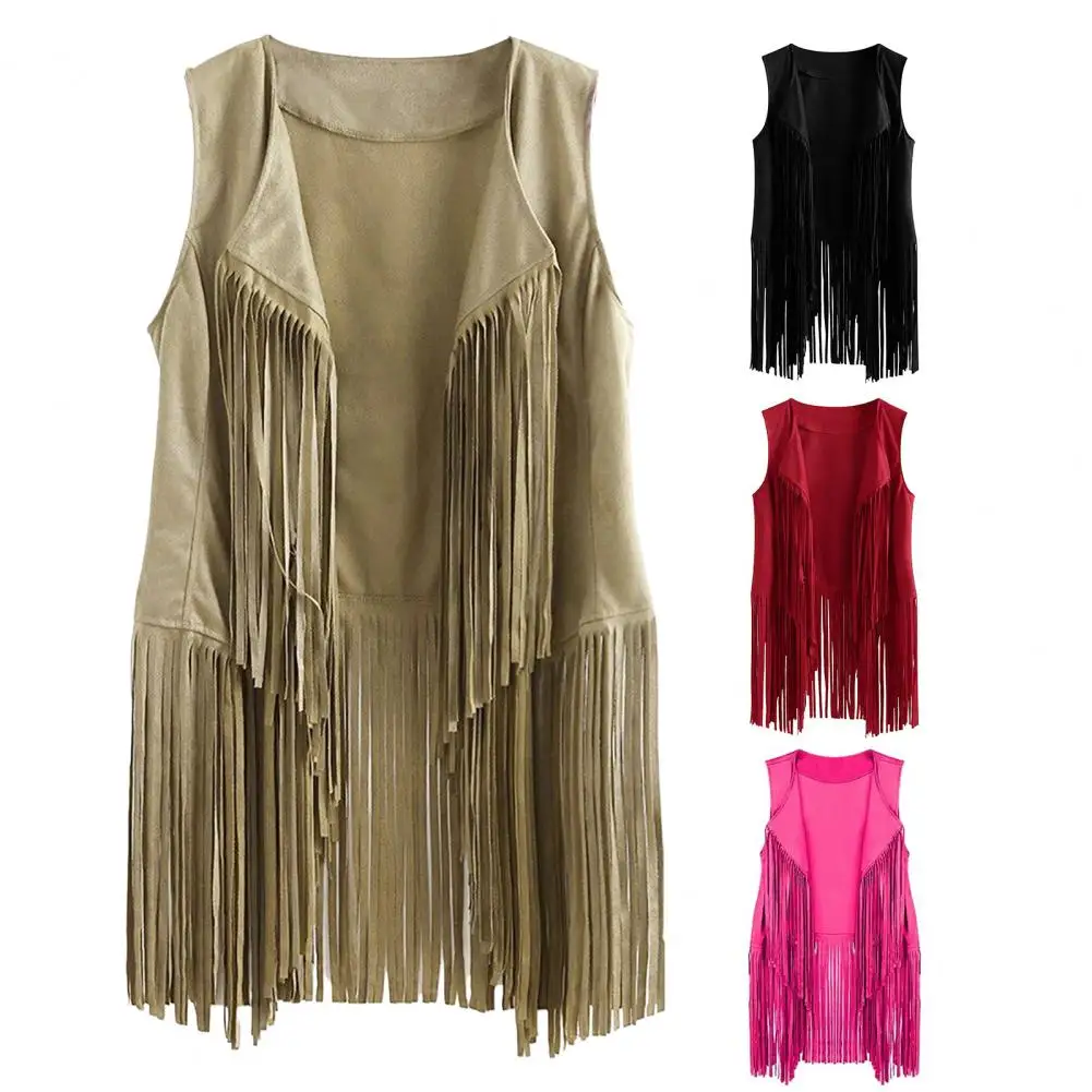 

Sleeveless Vest Vintage Western Cowboy Cosplay Women's Tassel Fringed Cardigan with Open Stitch Sleeveless Design for Stage