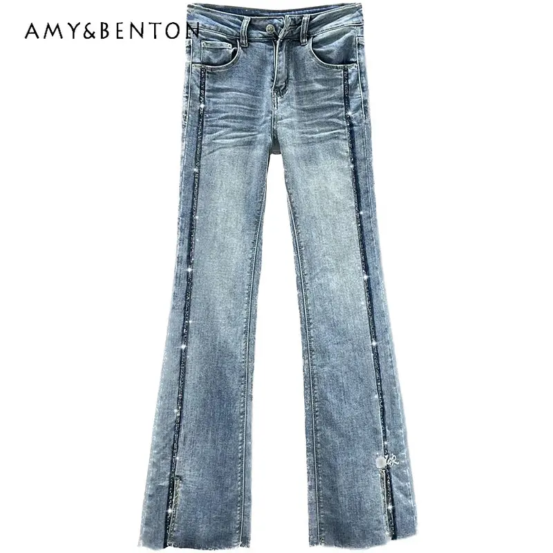 

Split Jeans Women's Trousers 2023 New Spring Elastic High Waist Slim Straight European Goods Rhinestone Bell-Bottom Denim Pants