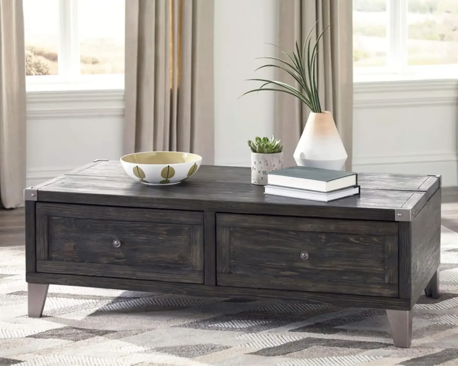 Todoe Industrial Rectangular Lift Top Coffee Table with 2 Storage Drawers, Dark Gray with Weathered Pine Finish 2