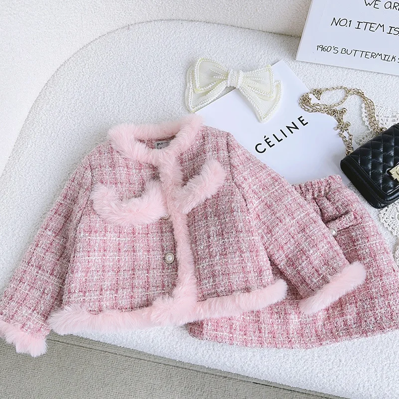 

2023 Winter Girls Fashion 2pcs Plaid Thick Warm Suit Baby Kids Children Clothing Set Jacket+ Skirt
