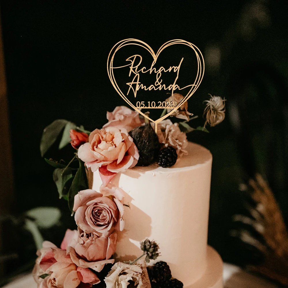 

Custom Wedding Cake Topper with a Heart and Date Mr Mrs Personalised Gift Engagement Anniversary Birthday Party Cake Decoration
