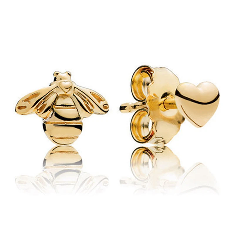 

Authentic 925 Sterling Silver Shine Heart and Bee Fashion Stud Earrings For Women Gift DIY Jewelry