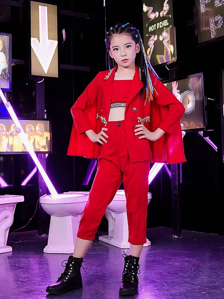 

Children's Jazz Dress K-pop Red Suit Girls' Dress Urban Dance Girl Fashion Model Catwalk Cool Clothes for Children 3 Pcs