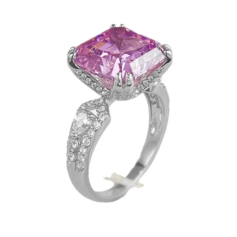 

Spring Qiaoer 100% 925 Sterling Silver Asscher Cut 11 MM Pink Sapphire Gemstone Ring for Women Wedding Engagement Jewelry Gifts