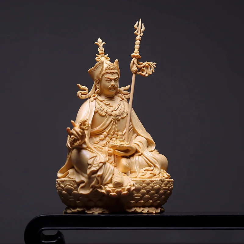 Wood Carved Padmasambhava Statue Guru Rinpoche Tibetan Buddhism Sculpture for Home or Shrine Decor