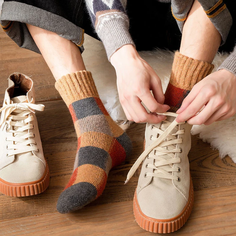5Pairs Classic Plaid Printed Warm Sheep's Wool Middle Sock Winter Men Women Socks Thicken Color Korean Retro Sock for Snow Boots