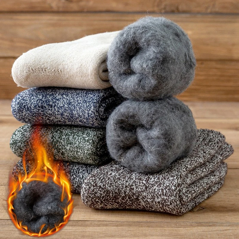 

Men's Solid Wool Socks Plus Cashmere Thicken Winter Velvet Plush Warm Cotton Comfortable Medium Socks Home Floor Carpet Socks