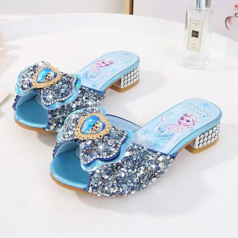 Girls Summer Sandals fashion Slipper Sequined Princesse Children High Heel Party Dress Elsa Shoes Leather Slipper for Girl 4