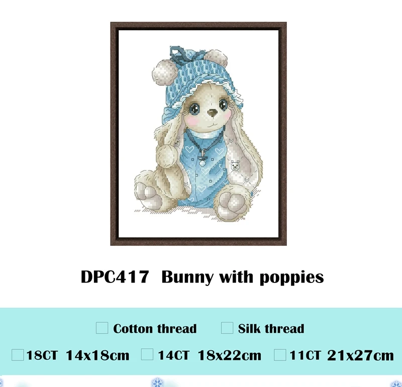 Whimsical Bunny and Poppies Cross Stitch Kit for Beginners - Cartoon Pattern with White Cotton Fabric and Thread