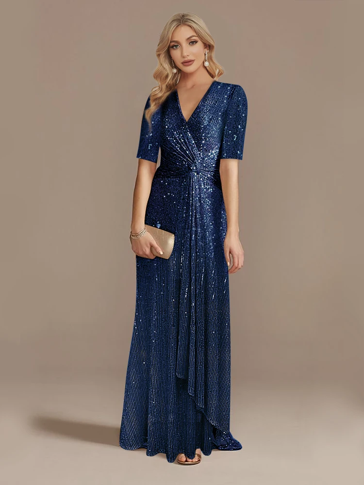 evening dresses short sleeves Shiny Sequin V Neck Evening Dress With Short Sleeves