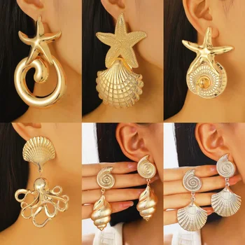 European American Gold Color Ocean Starfish Conch Earrings For Women Metal Earing Jewelry 2025 Trending New Exaggerated Earrings