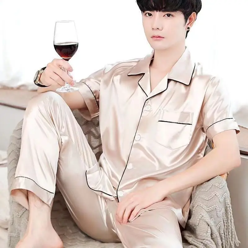 남성용 여름 아이스 실크 파자마: 반팔 상의와 긴 바지, 가볍고 단색, 고품질 라운지웨어 투피스 세트