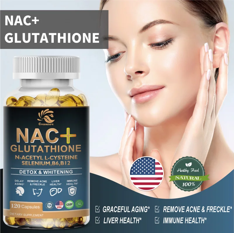 

Greensure NAC Supplement L-Glutathione Collagen Capsules - Vegan Glutathione Precursor 1200mg Capsules For Men + Women.