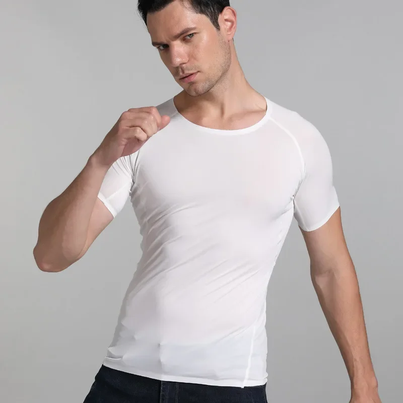 Summer Men Ice Silk Shirt Short Sleeves Seamless Round Neck Top Bodybuilding Thin Elastic Breathable Undershirt Pullover