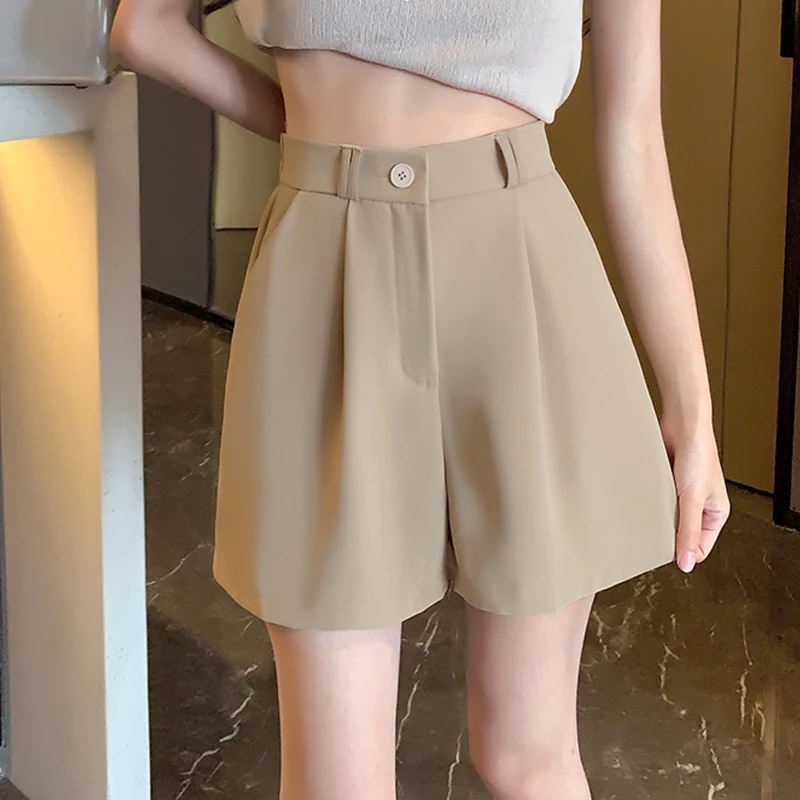

S-4XL Khaki Women Shorts Summer Thin Solid High Waist Loose Wide Leg Short Pants Female Casual Shorts