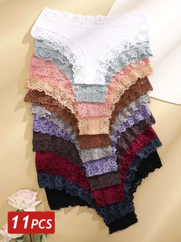 11PCS Women Lace Cotton Panties Seamless Brazilian Panties Sexy Low-Waist T-Back Bikini Female Breathable Underwear Lingerie 1
