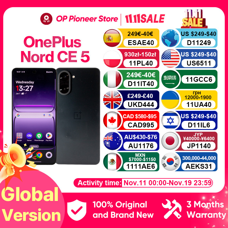 OnePlus Nord CE 5 5G Smartphone MediaTek Dimensity 8350 Apex 6.77”AMOLED Display 5200mAh 80W SUPERVOOC 50MP Sony Camera OlS