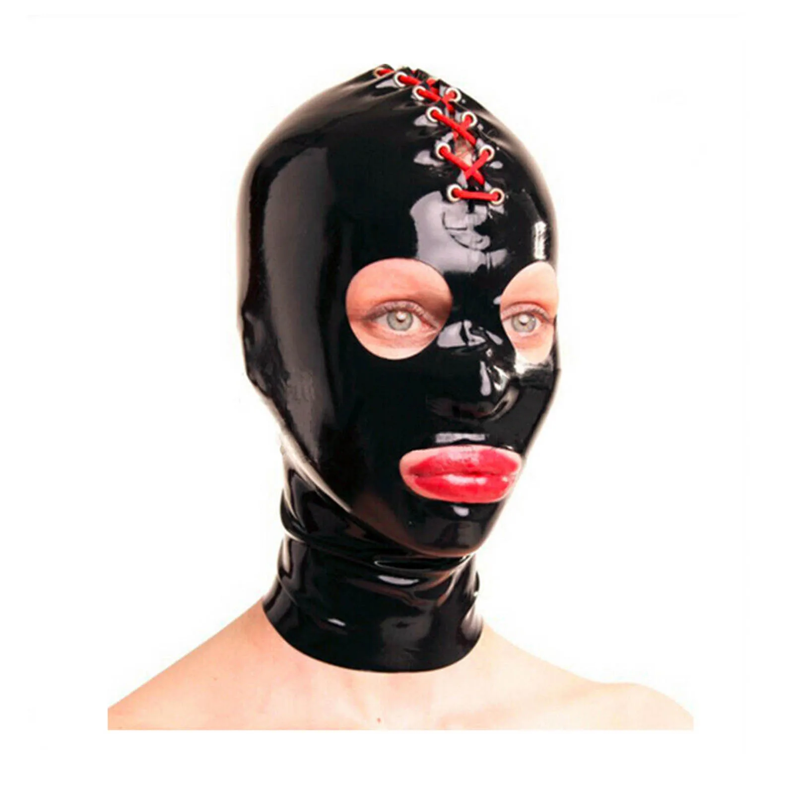 

MONNIK Black Latex Hood Unisex Mask with Mouth&Eyes Open and Lace-up design Handmade for Fetish Bodysuit Cosplay