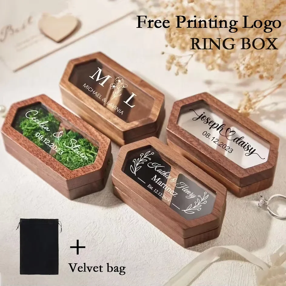 Blank Walnut Jewelry Storage Ring Box Engagement and Wedding Ring Holder Gift for Couples, Brides, and Grooms Ring Box With Bag