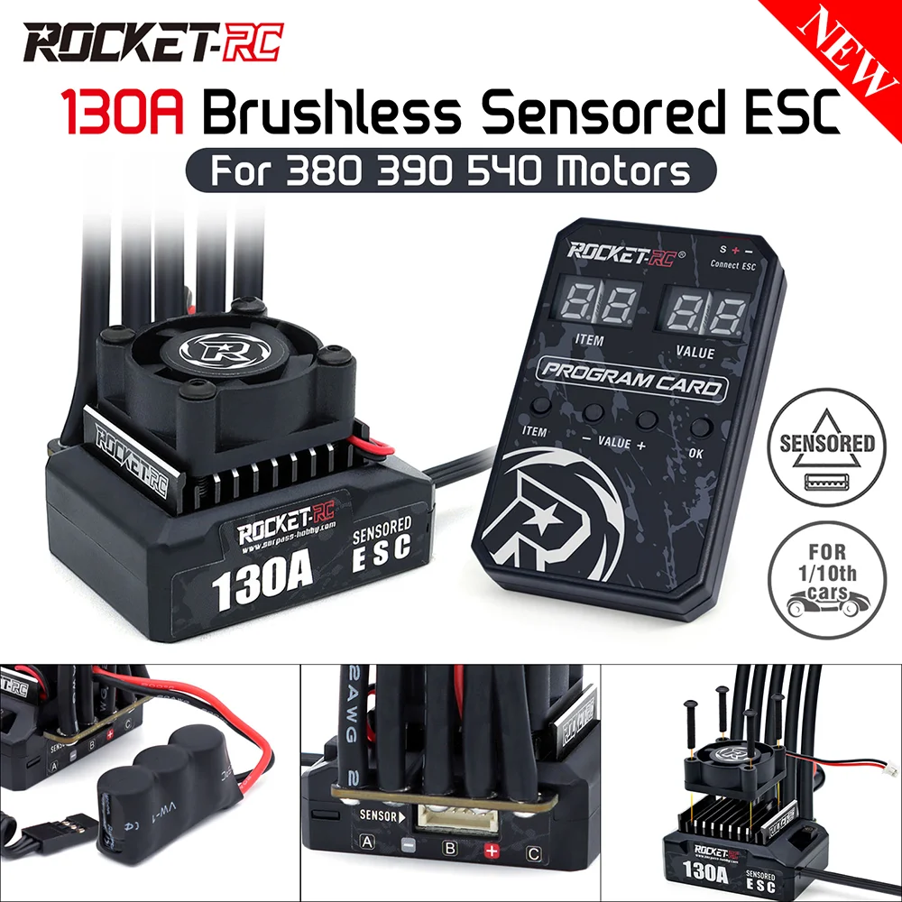 ROCKET-RC 130A Sensored Brushless ESC 6V/5A BEC mit Lüfter für 1/10 RC Car 380/390/540 Motor
