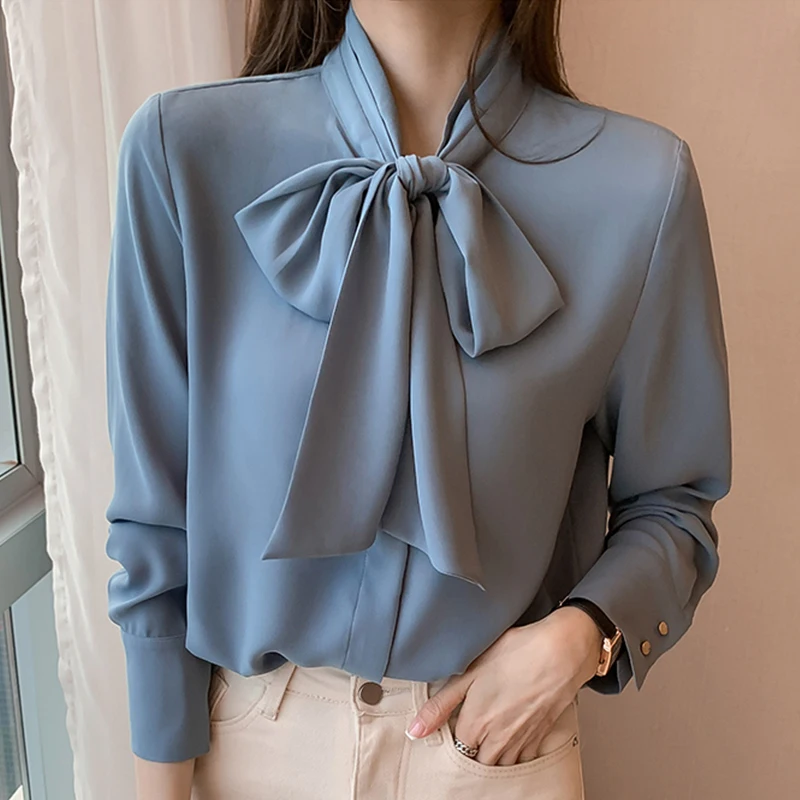 

H Han Queen Spring Autumn Simple Office Lady Blouse Female Shirt Bow Tops Long Sleeve Casual Korean OL Style Loose Blouses Women