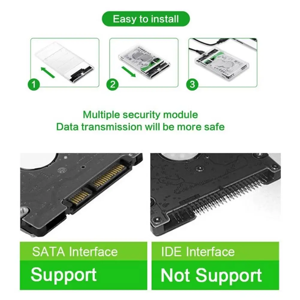 2.5인치 투명 SATA 외장 하드 드라이브 케이스 USB 2.0 Type-C 어댑터 휴대용 HDD SSD 케이스 박스