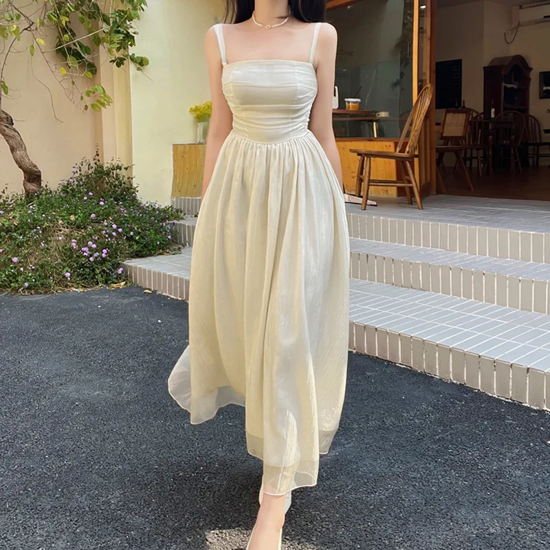 

Spring New Women's Fashion Halter Dress Sweet Atmosphere Slim Pleated Long Skirt Solid Color Line Neck A-Line Skirt