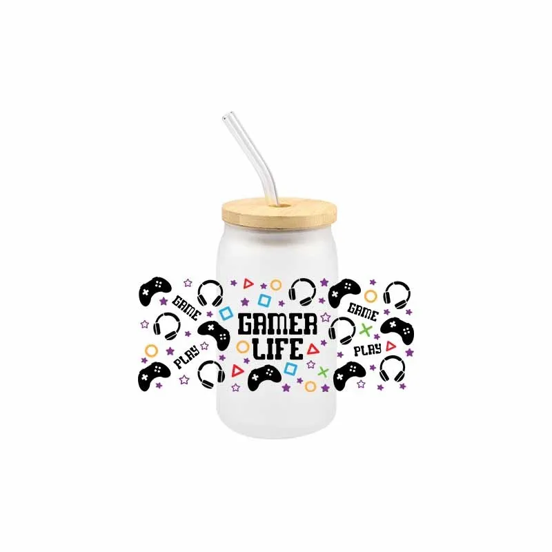 3D UV DTF Gamer Life Tarnsfer Sticker Wraps Cup 16 OZ Glass Cup High Quality Waterproof Sacrch Decals