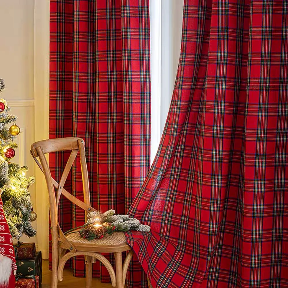 Green Check Plaid Curtains Farmhouse Style Gingham Curtain Christmas Decorative Adjustable Shades Rod Pocket Window Valances 5