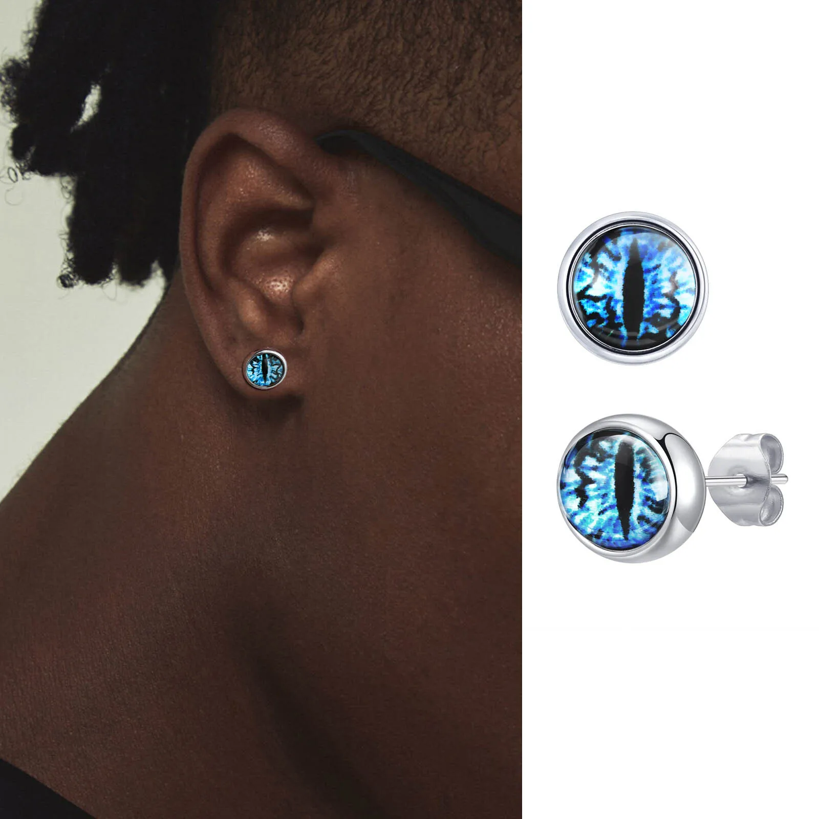 Blaue Teufelsauge-Ohrstecker für Männer, runde Ohrringe aus Edelstahl und Glas, verzauberte Gothic-Schmuckgeschenke