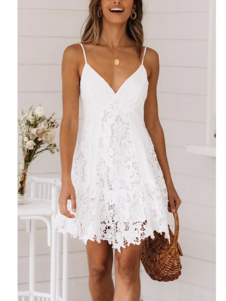 

Elegant Dresses For Women 2023 Summer Contrast Lace Cold Shoulder Casual White Mini Dress A Line Vacation Sundress New Fashion