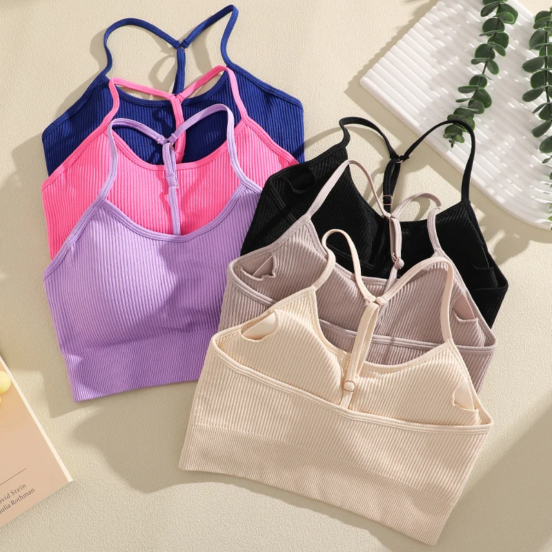 2Pc Solid Color Y-line Straps Gym Training Bra Women High Strength Sport Push Up Sport Yoga Vest Female Ribbed Workout Underwear 4