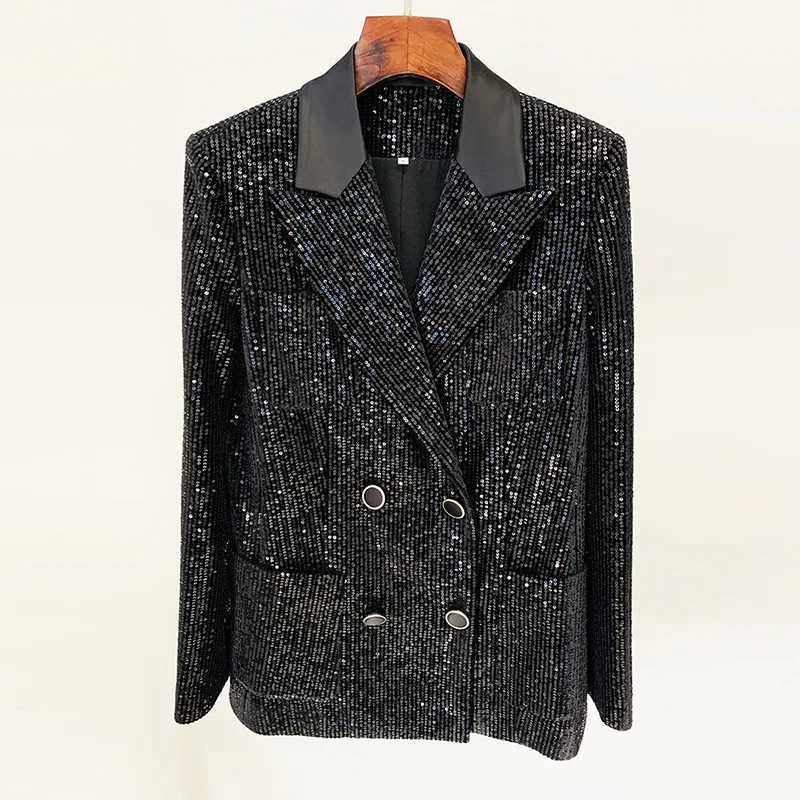 Tesco Fashion Black Women Suit Sequins Blazer And Flare Pants Sets Double Breasted Jacket Pantsuit For Evening Party Outfits