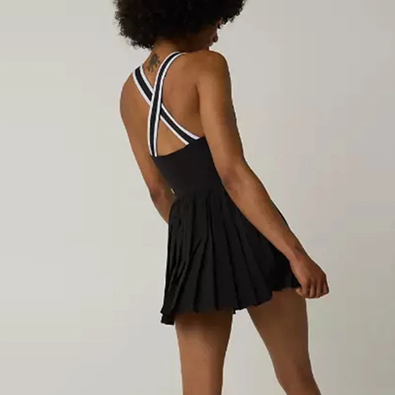 Tennis Yoga Dress Summer Women Yoga Sports Tennis Skirt Ladies Cross Exposed Back Pleated Dresses with Chest Pad Sportswear
