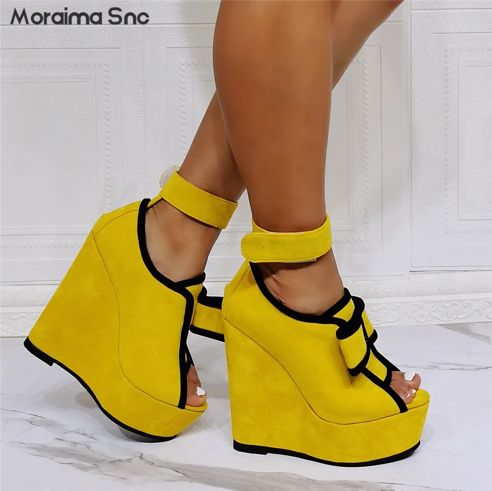 

High Water Platform Wedge Sandals Yellow Open Toe Fish Mouth Shoes Nightclub Banquet Extra Large Size Sexy High Heel Sandals