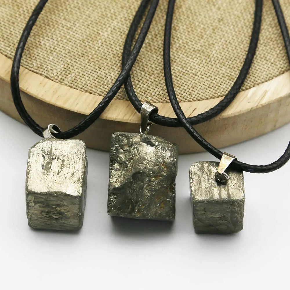 

New Natural Pyrite Raw Ore Irregular Pendant Mineral Healing Leather Rope Necklace Charms Fashion Jewelry Accessories Gift 10Pcs