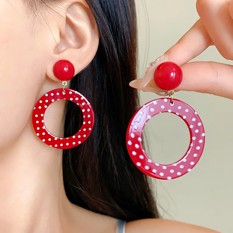 Round Polka Dot Ring Dangle Earrings Hong Kong Style Exaggerated Vintage Ear Jewelry For Women drop earrings,dangle earrings,long earrings,pendant earrings