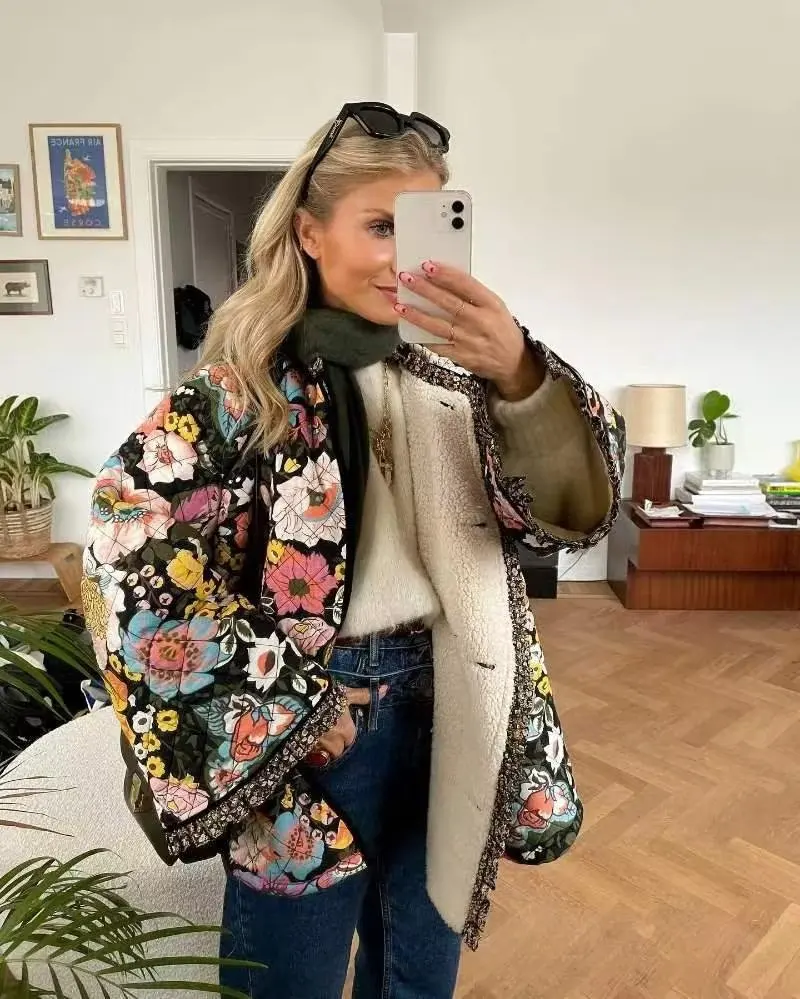 

Traf women jacket retro printed jacket long sleeved ruffled edge for warmth in autumn and winter new 2023 top