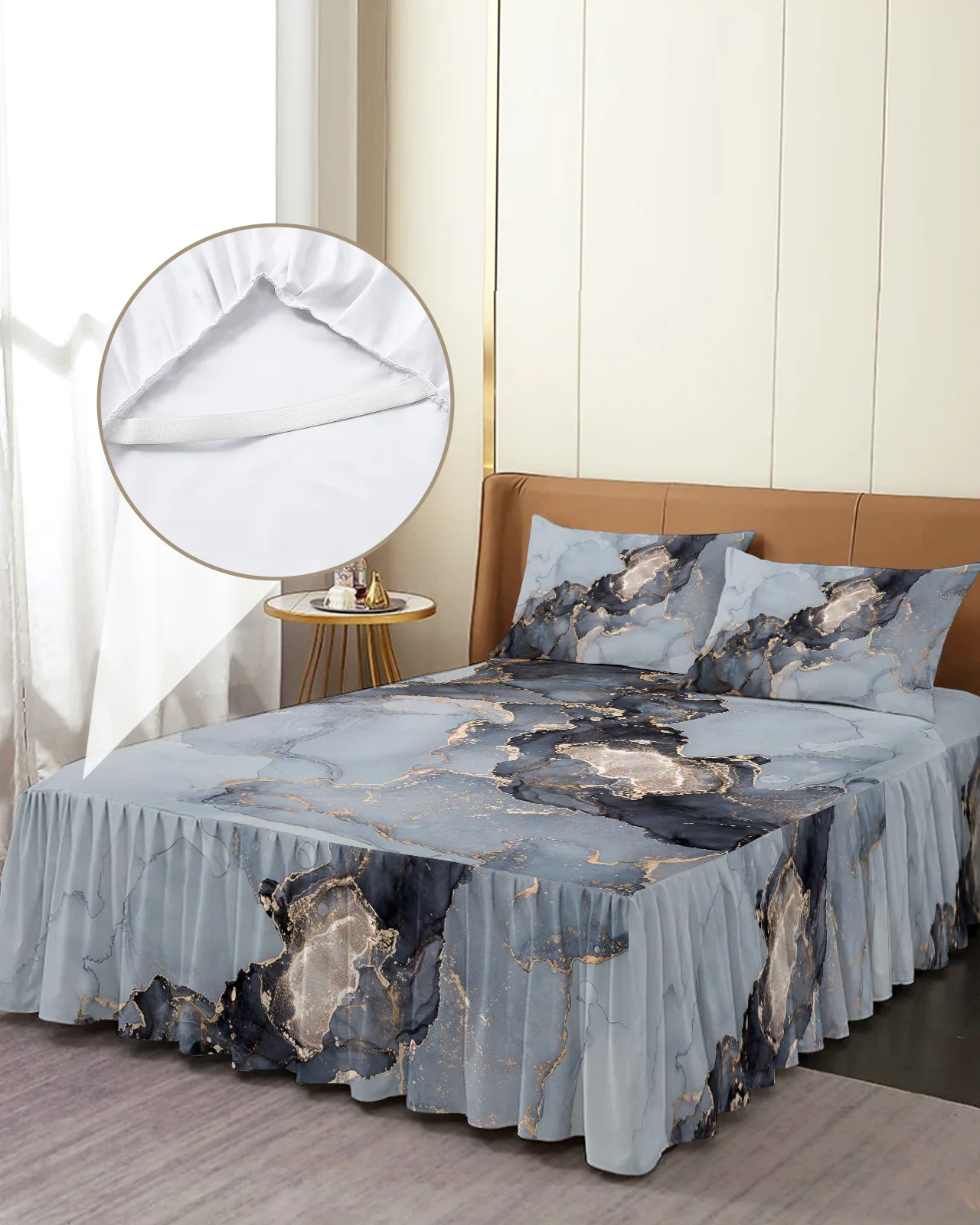 

Marble Texture Gray Bed Skirt Elastic Fitted Bedspread With Pillowcases Bed Protector Mattress Cover Bedding Set Bed Sheet