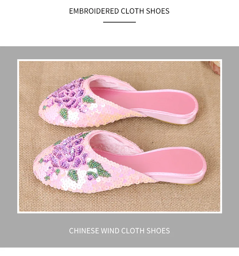 36-40 Women Slippers Sequin Embroider Shoes Summer Silk Fabric Flats Flower Closed Toe Soft Sole Non-slip Chinese Style Footwear
