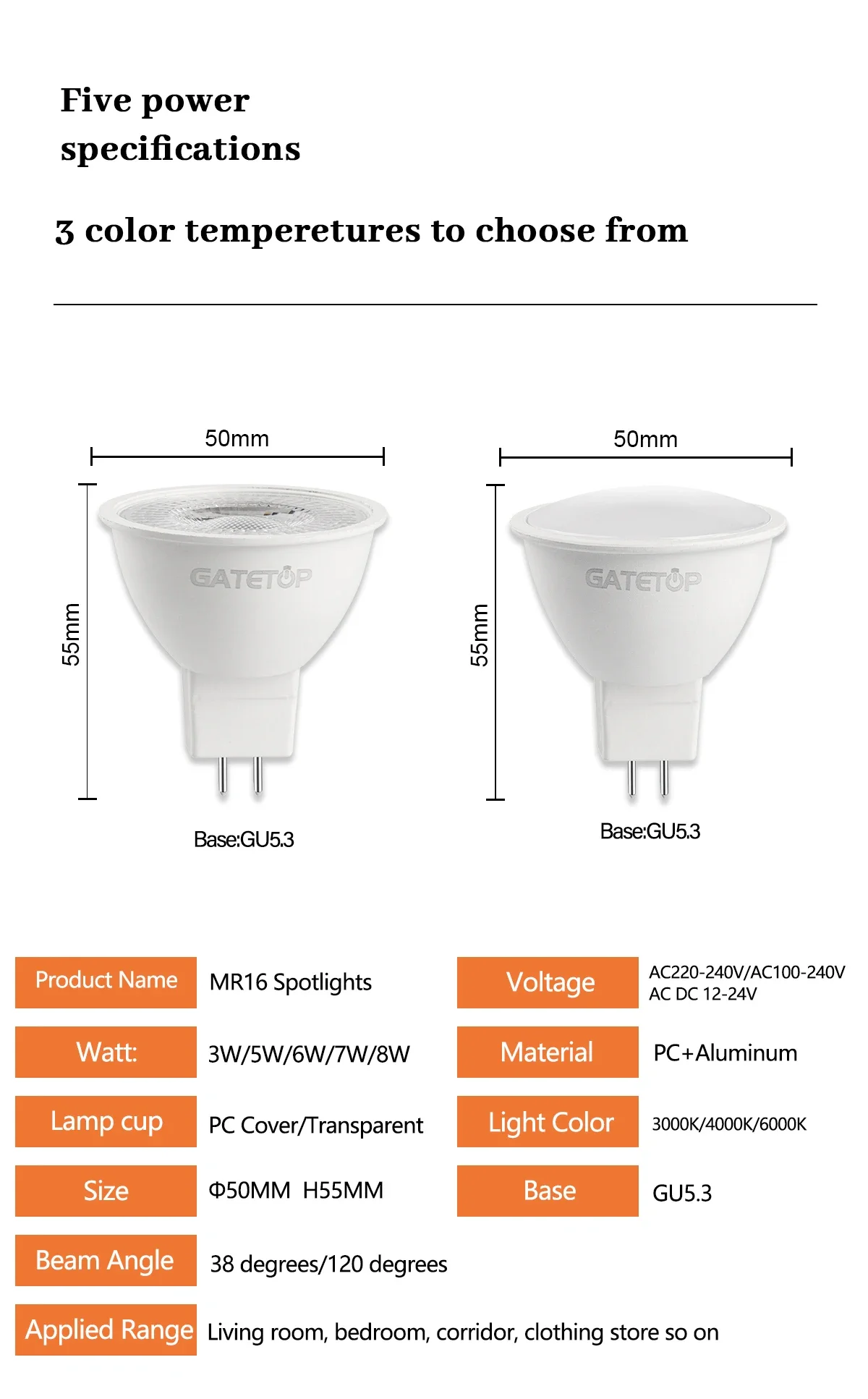 Description Picture 4 of item2PCS Energy Saving Mr16 Spot Lampara No Flicker GU5.3 Base Full Voltage AC/DC12V AC 110V 220V Warm Suitable for Home Derection