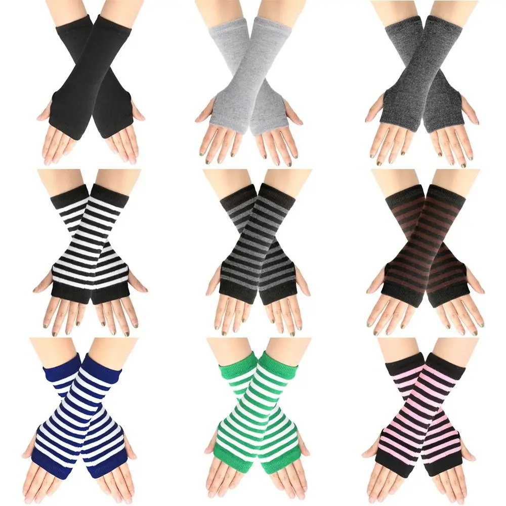 Fashion Cartoon Cosplay Party Stripes Mittens Elasticity Gloves Half Finger Knitted Fingerless Gloves