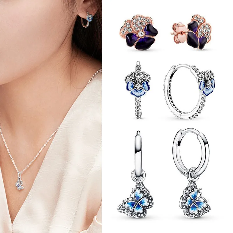 

925 Sterling Silver New Earrings Tricolor Pansy Blue Butterfly Earrings Suitable For Original Women's Party Diy Jewelry Gifts